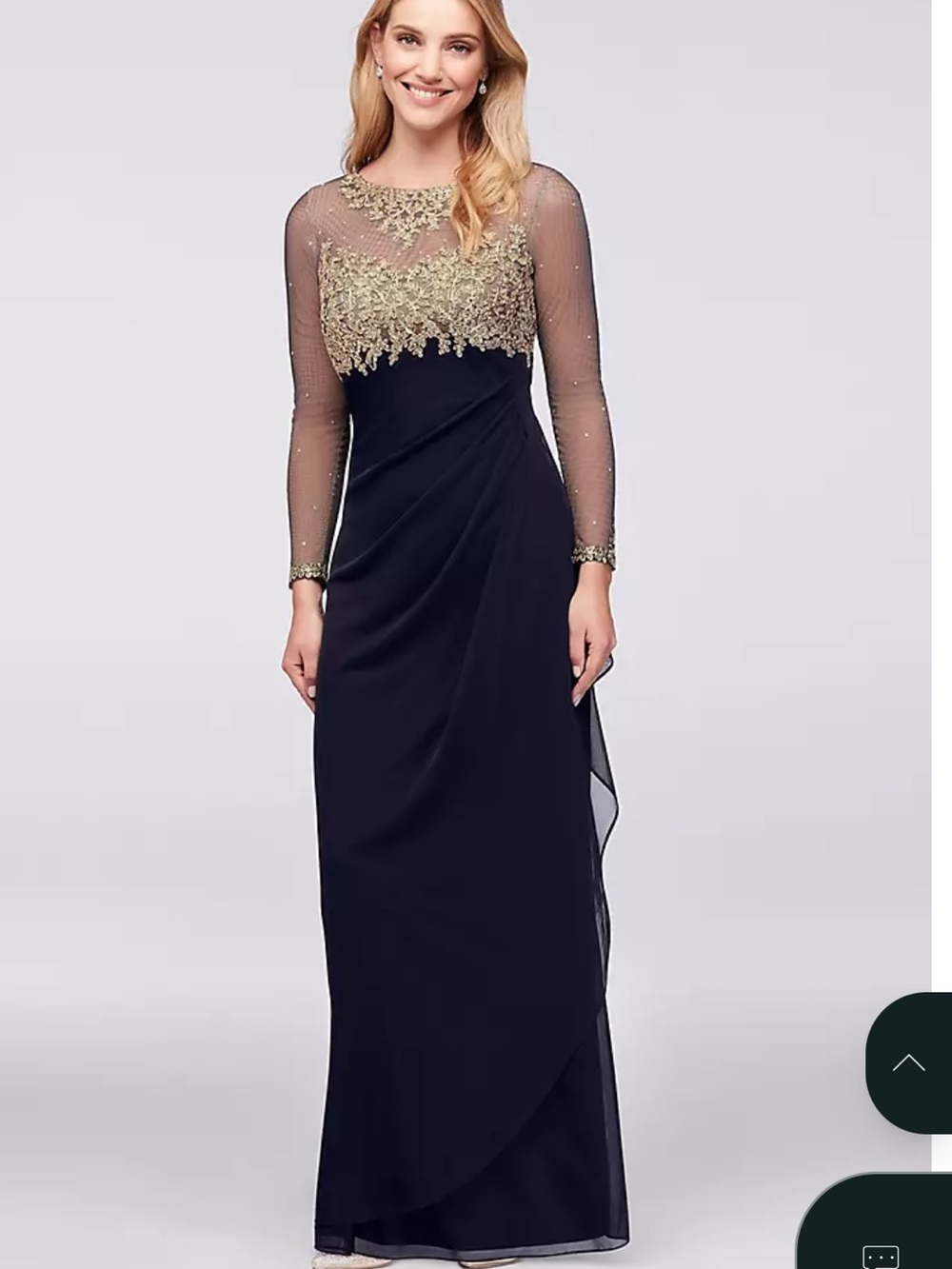 NWT Xscape Embroidered Embellished Illusion Navy &Gold Gown 14W